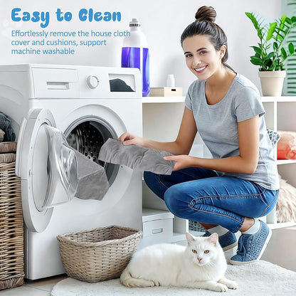 Pawaboo Cat Tunnel Bed, Cat Donut Tube with Square Kitten House, Soft Plush Cats Cave Tunnels with Washable Cushions, Foldable Kitten Bed Hideout with Fluffy Balls for Indoor Cats Rabbit Ferret, Gray