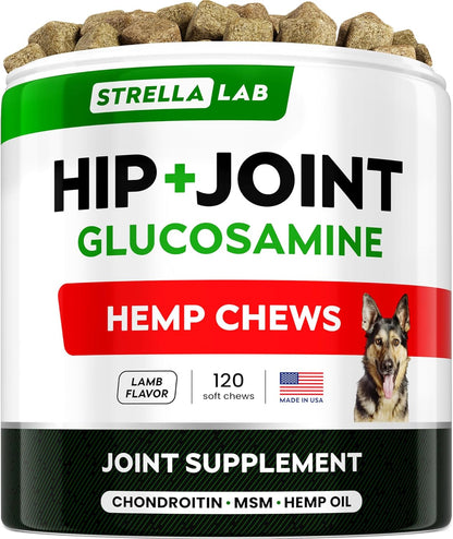 Advanced (Hemp+Glucosamine) Joint Treats for Dogs - Hip & Joint Supplement w/Chondroitin, Omega-3, MSM - Hemp Chews for Dogs Hip & Joint Pain Relief - Hip & Joint Care - Lamb Flavor - 120Ct