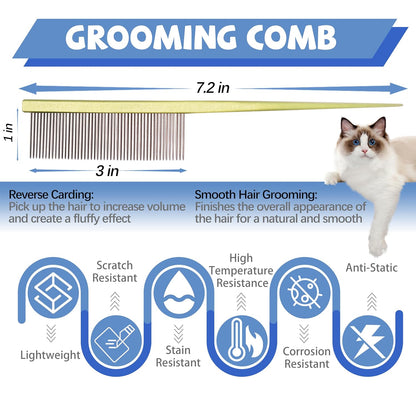 Grooming Pet Comb Rat Tail Dematting Cat and Dog Comb，Rounded Ends Design for Safe Tangle Removal, Hairstyling, Massage，Loose Hair Removal，Prevent Irritation，Fluffing Paws,Face,Tail,Remove Tear Stain