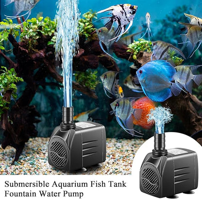 Submersible Pump, Small Fountain Pump with Tubing, Submersible Water Pump for Aquarium Fish Tank Indoor or Outdoor Pond Fountain Hydroponics Statuary (25W 400GPH, No Led Light)