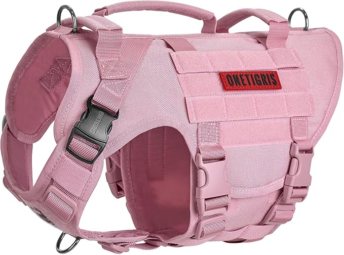OneTigris Large Tactical Dog Harness, No Pulling Adjustable Dog Vest Harness, Heavy Duty Dog Harness with Handle, Large Hook and Loop Panels for Patch(Pink,XL