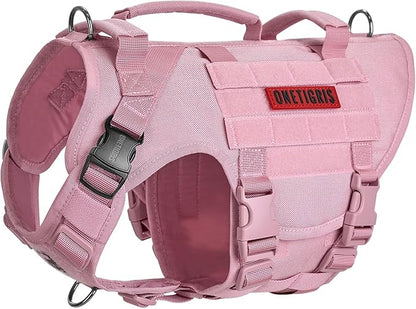 OneTigris Large Tactical Dog Harness, No Pulling Adjustable Dog Vest Harness, Heavy Duty Dog Harness with Handle, Large Hook and Loop Panels for Patch(Pink,M)