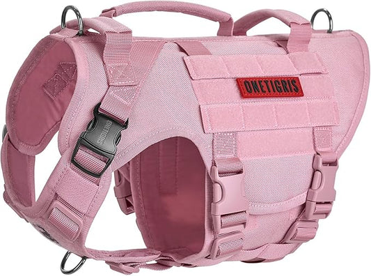 OneTigris Large Tactical Dog Harness, No Pulling Adjustable Dog Vest Harness, Heavy Duty Dog Harness with Handle, Large Hook and Loop Panels for Patch(Pink,M)