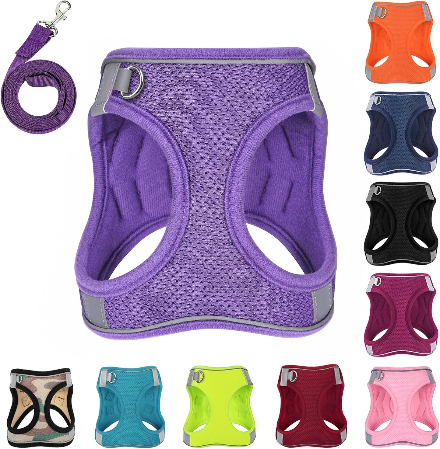 Dog Harness with Leash Set, No-Pull Step-in Reflective Pet Harness with 1 Leash Clips, Adjustable Soft Padded Easy Walk Dog Vest for Small Medium Large Dogs, Cats(Light Purple, Large)