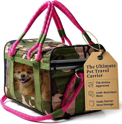 | TSA Airline Approved |Soft Sided Pet Carrier | Cat Carrier | Dog Carrier| Pets Up to 15 lbs | Leash & Luggage Strap | Camo Pink Handle