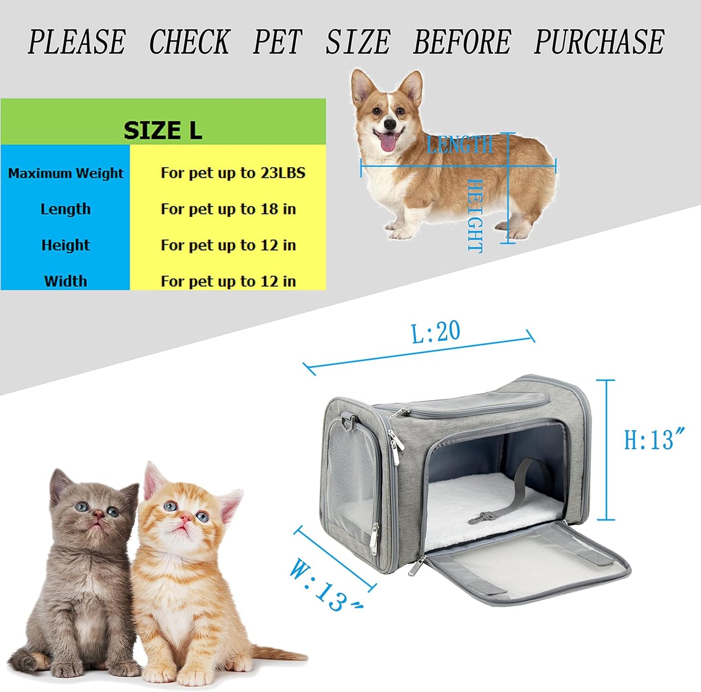 Soft Sided Carrier for Small Medium Cats Dogs,Removable Pad Collapsible Travel Pet Carrier Large Grey