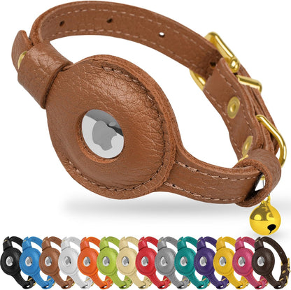 OOPSDOGGY Leather AirTag Cat Collar with Bell - Non Breakaway Kitten Collar with Apple Air Tag Holder - Lightweight GPS Pet Collars for Girl Boy Cats, Small Dogs, Puppies (Brown)