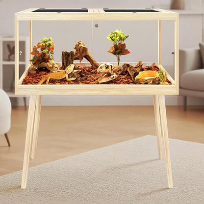 Prolee Bearded Dragon Tank with Leg Stand,Wooden Lizard Tank,Reptile Tank with Metal Mesh Roof Door, Acrylic Panel Snake Tank with Lock Design (Oak, 32"x16"x16")