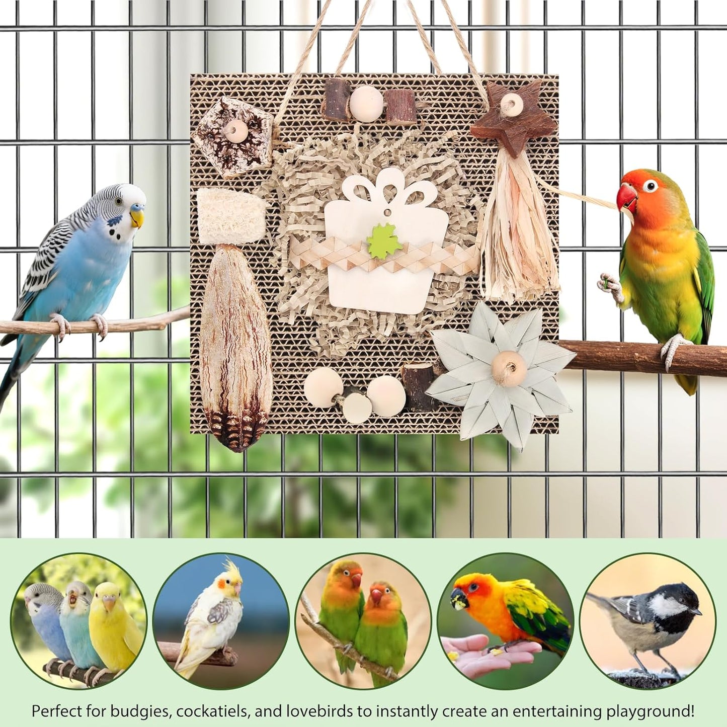 Kyouki Bird Toys, Parakeet Toys, Parrot Toy, Conure Hanging Chewable Cardboard Foraging Toys Suitable for Budgies, Cockatiels, Lovebirds, Sun Conures - and Other Small/Medium Parrots (Large)
