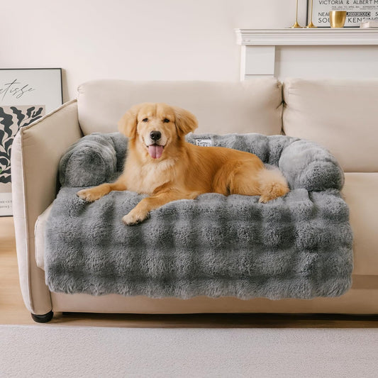 FUNNY FUZZY Pet Fluffy Fuzzy Calming Dog Couch Bed Sofa Protector Washable Pets Mat for Large Medium Small Dogs and Cats (Grey,37.4 × 33.46 × 6.3 in)