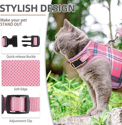 PUPTECK Soft Mesh Cat Vest Harness and Leash Set Puppy Padded Pet Harnesses Escape Proof for Cats Small Dogs Rabbits Bunny, Plaid Pink, M