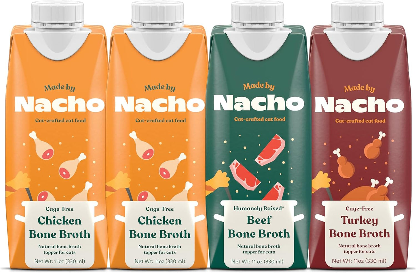 Made by Nacho Bone Broth Cat Food Topper for Hydration and Picky Eaters - Add Protein and Flavor to Your Dry Cat Food – 11 oz. (Pack of 4), Variety Pack