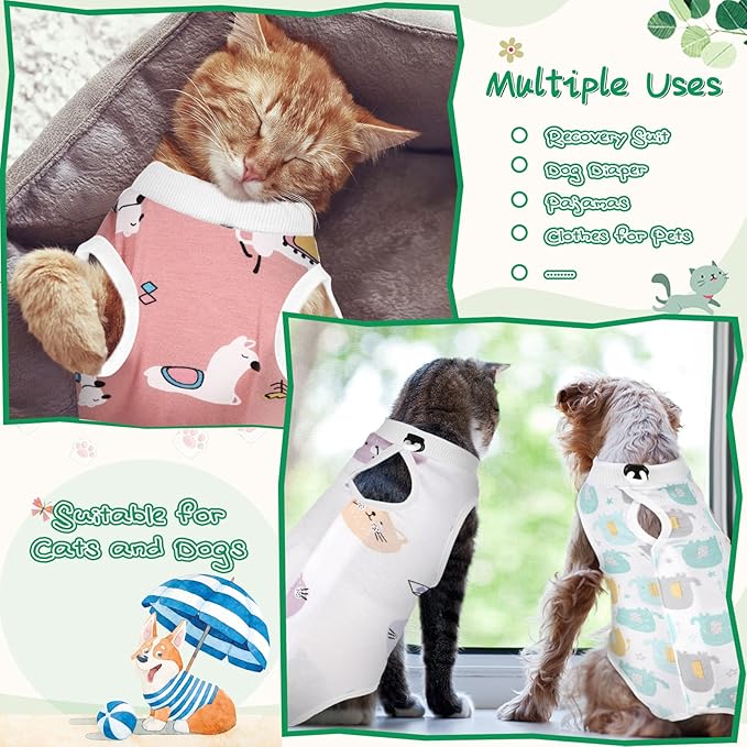 Nuanchu 3 Pieces Cat Recovery Suit Kitten Recovery Suit E-Collar Alternative for Cats and Dogs Abdominal Skin Anti Licking Pajama Clothes Sets(Small,Cute Style,Colorful)