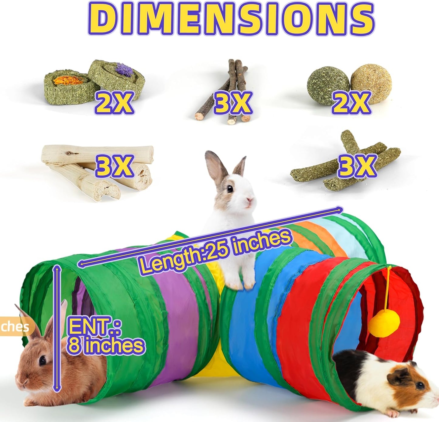 Bunny Tunnels & Tubes Collapsible 3 Way Rabbit Hideout with 13pcs Toys for Bunny Guinea Pig Hamster Chinchilla Hedgehog Rat Ferret Kitten (Colorful)