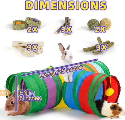 Bunny Tunnels & Tubes Collapsible 3 Way Rabbit Hideout with 13pcs Toys for Bunny Guinea Pig Hamster Chinchilla Hedgehog Rat Ferret Kitten (Colorful)