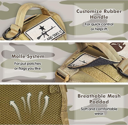 Tactical Cat Harness and Leash, Escape Proof Large Cat Walking Vest,Adjustable Soft Mesh Pet Vest Harness with Control Handle, Molle Patches Khaki