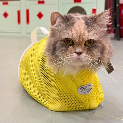 Cinf Cat Bathing Bag, Breathable Mesh Anti Scratch Adjustable Cat Grooming Bag for Nail Trimming, Bathing Soft Cat Washing Bag(Yellow) L