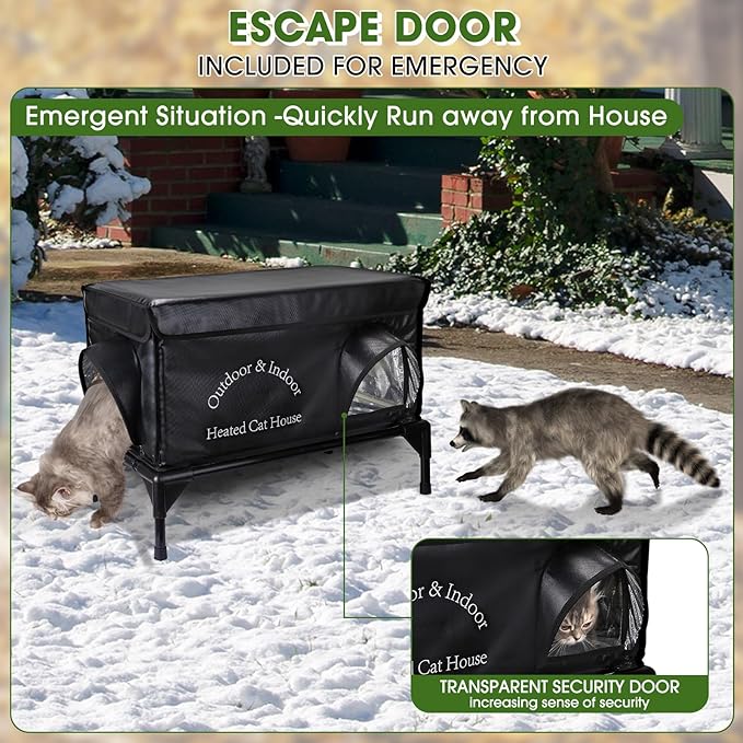 Heated Cat House for Outside Cat in Winter, Insulated Outdoor Feral Cat Shelter with Cat Heating Pad, 2 Doors,Elevated Waterproof Heated Kitty House (Black, 25"x13.7"x18")