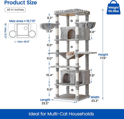 MWPO Extra Large Cat Tree, 77.6-Inch Tall Cat Tower for Indoor Cats with 2 Condos, Multi-Level Cat Stand for Large Cats, 3 Hammocks, Wide Perch, Scratching Posts, Dangling Toys, Light Grey