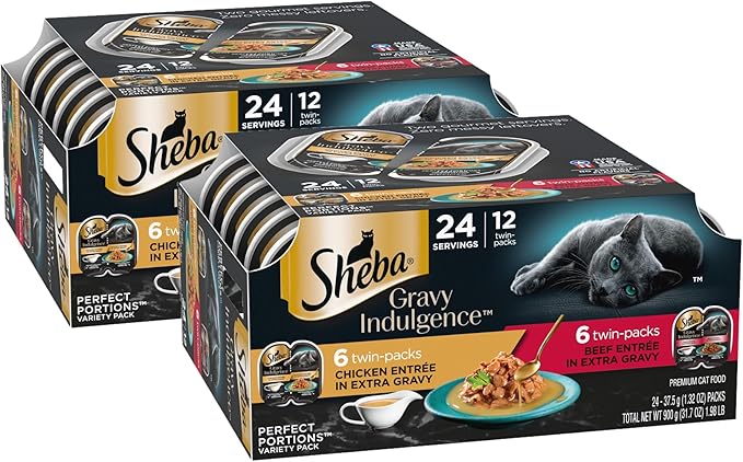 Sheba Gravy Indulgence Adult Wet Cat Food Beef Entree and Chicken Entree in Extra Gravy Variety Pack, 2.6 oz. Twin-Pack Trays (12 Count, 24 Servings) (Pack of 2)