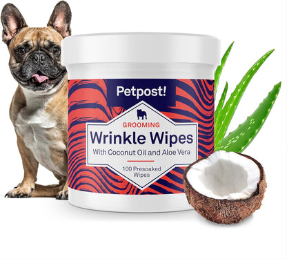 Petpost Wrinkle Wipes for Dogs | 100 Count Dog Face & Wrinkle Cleaner | Gentle Pet Wipes with Coconut Oil for Bulldogs, Pugs & Wrinkly Breeds | Dog Cleaning & Deodorizing Wipes
