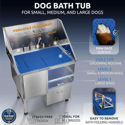 KANIS Professional Dog Washing Station - 304 Stainless Steel Pet Wash Sink & Grooming Bathtub w/Shower, Floor Grates and Storage for Large, Medium & Small Pets (40", 1 Drawer - Left Ramp)