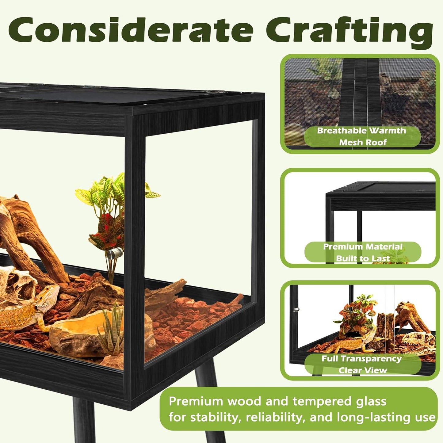 Prolee Bearded Dragon Tank with Leg,Tempered Glass Lizard Tanks and Reptile Enclosure,Up to 78 Gallon Reptile Tank with Metal Mesh and Lockable Door for Spacious Snakes and Chameleon(Black,32inch)