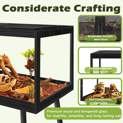 Prolee Bearded Dragon Tank with Leg,Tempered Glass Lizard Tanks and Reptile Enclosure,Up to 78 Gallon Reptile Tank with Metal Mesh and Lockable Door for Spacious Snakes and Chameleon(Black,32inch)