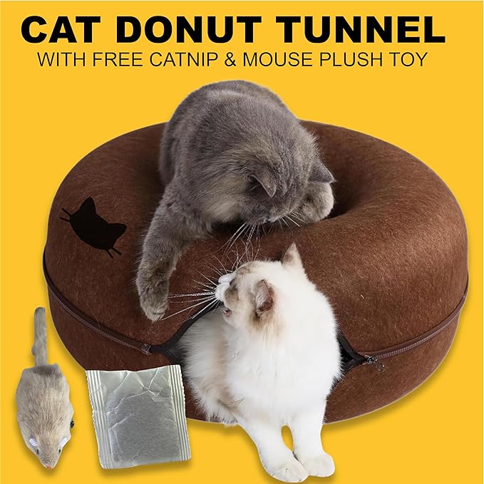 Laluz 2021 Large Cat Tunnel Bed for Indoor Cats Up to 30 Lbs Peekaboo Donut Cave with Catnip and Plush Toys Scratch Resistant Felt Design Detachable and Washable Cat Tunnel (Chocolate)