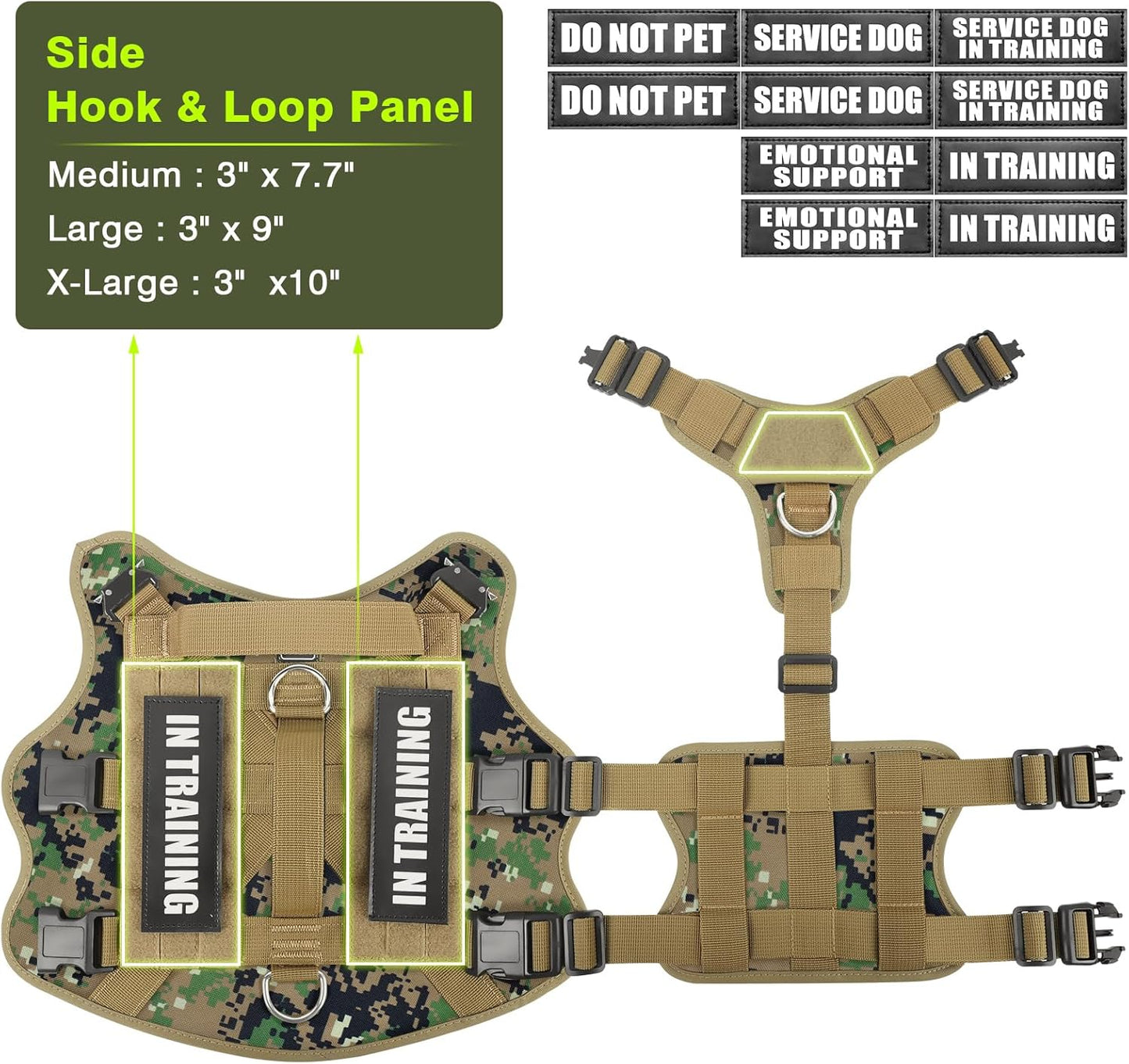 WINSEE Tactical Dog Harness with Dog Leash, Service Working MOLLE Vest with 10 Pet Patches for Dog, No Pull Military Harness and Backpack for Training Hunting Walking