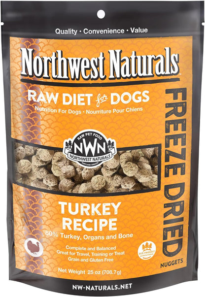 Northwest Naturals Freeze-Dried Turkey Dog Food - Bite-Sized Nuggets - Grain-Free, High-Protein, Raw Diet, Human-Grade, Limited Ingredients, All Natural, Made in The USA, Healthy & Nutritious - 25 Oz