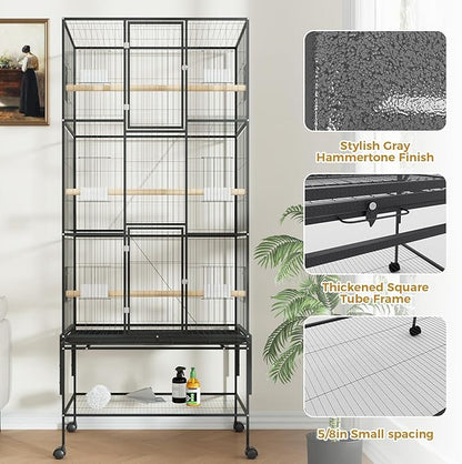69 Inch Extra Large Bird Cage Wrought Iron Parrot Cage with Storage Shelf for Mid-Sized Parrots Cockatiels Conures Parakeets Lovebirds Budgie Finch