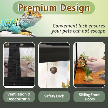 PROLEE Tempered Glass Reptile Enclosure with Leg,24“ Scratch-Proof Bearded Dragon Tank,28 Gallon Lizard Tank with Metal Mesh Tops and Lockable Door,Spacious Reptile Habitat for Snake,Tortoises (Black)