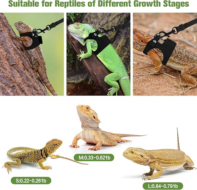 Bearded Dragon Harness Leash Set 3 Size Adjustable Lizards Training Walking Leather Vest Escape-Proof Traction Rope for Outdoor Small Reptiles Animal Squirrels (Black)