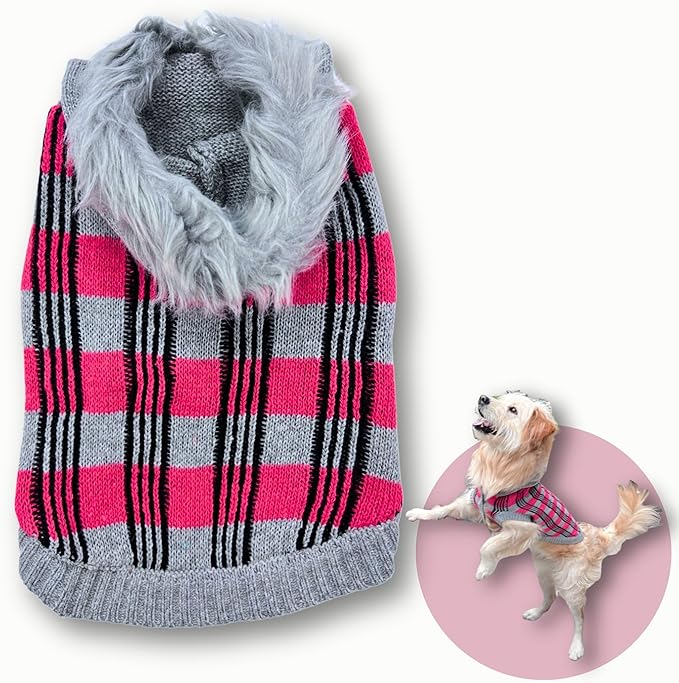 Cute Sweater for Dogs and Cats Soft Flannel Pet Outfit Warm and Cozy Animal Hoodie Small to Large Pet Clothes for Halloween Parties and Everyday Wear (Medium, Pink Checkered with Hat)