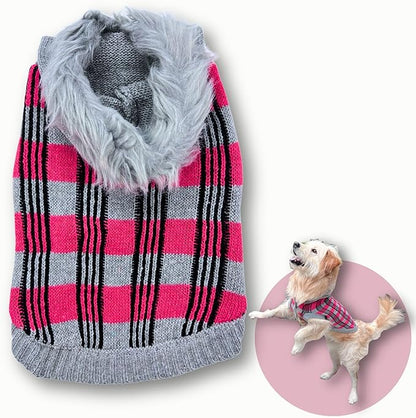 Cute Sweater for Dogs and Cats Soft Flannel Pet Outfit Warm and Cozy Animal Hoodie Small to Large Pet Clothes for Halloween Parties and Everyday Wear (Medium, Pink Checkered with Hat)