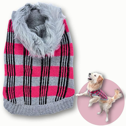 Cute Sweater for Dogs and Cats Soft Flannel Pet Outfit Warm and Cozy Animal Hoodie Small to Large Pet Clothes for Halloween Parties and Everyday Wear (Medium, Pink Checkered with Hat)