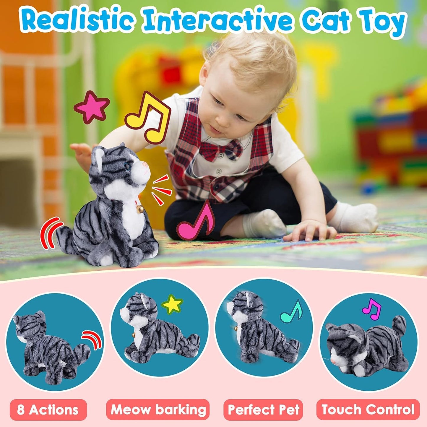 Pattern Gray Robotic Cat Toy for Kid That Move and Meow Purrs Touch Control Kitten Toys Animated Realistic Kitty Toys Kitten Robot Toy for Halloween Birthday H:12"