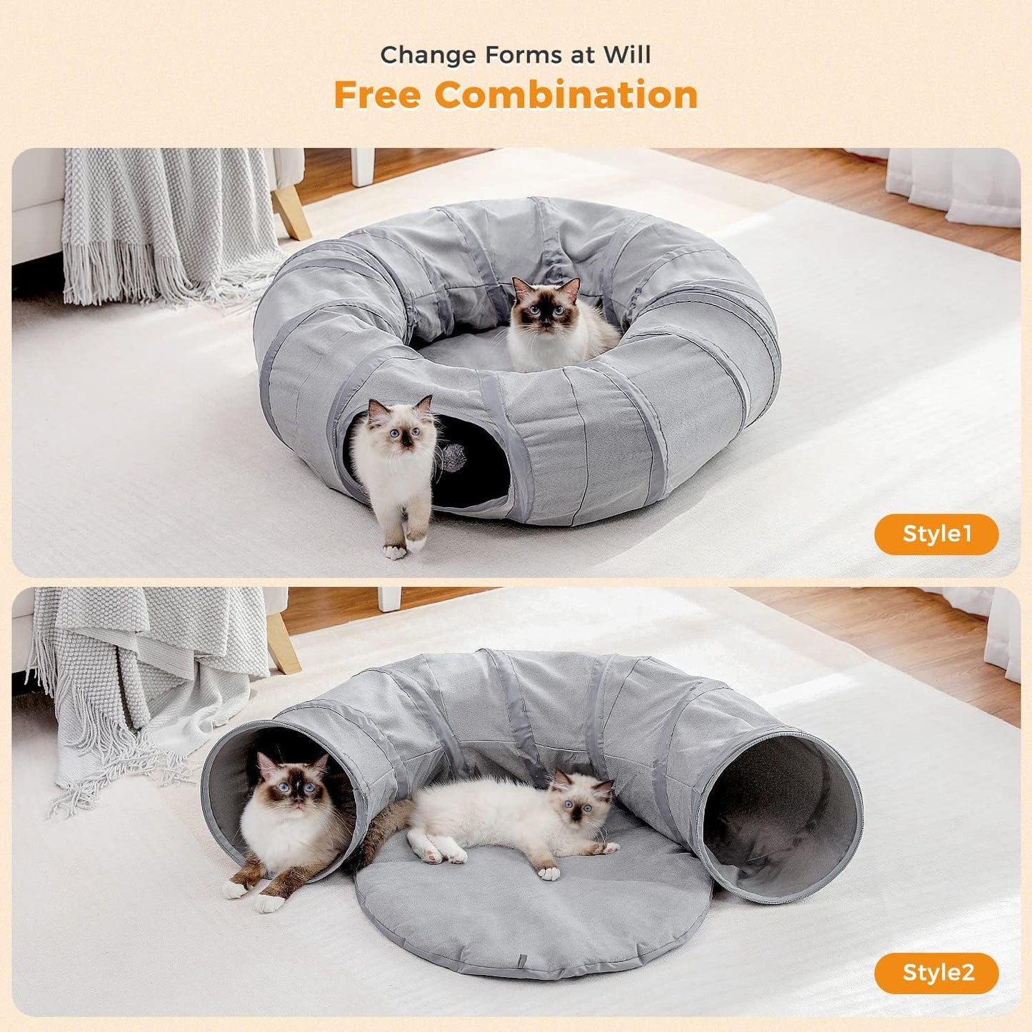 PAWZ Road Cat Tunnel Bed Large Cat Donut Tunnel for Indoor Cats, Collapsible Cats Tube with Central Mat, Peek Hole and Cat Toy Hanging Balls