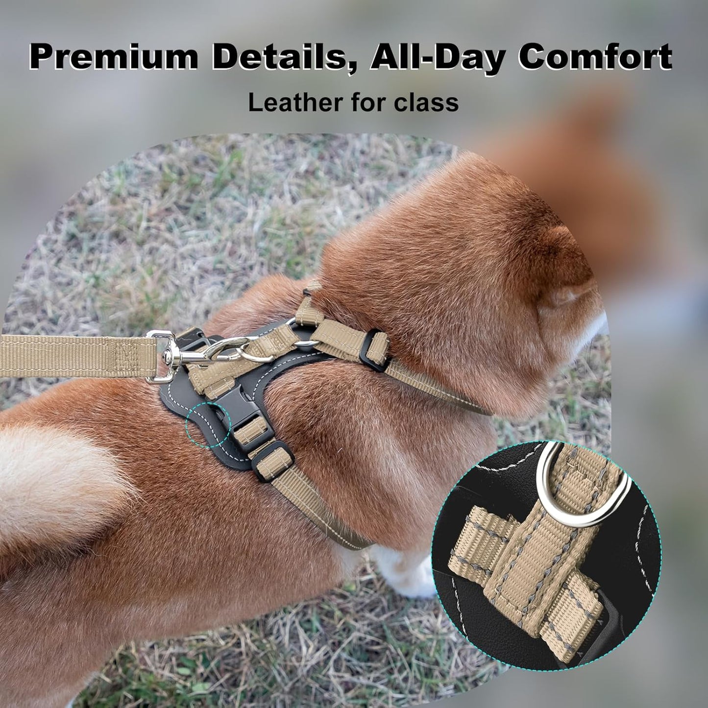 Plutus Pet Adjustable No Pull Dog Harness with Leather Accents, Heavy Duty Reflective Nylon Vest for Training, Hiking, Easy Walk Harness for Small, Medium, Large Dogs (Beige, XL)