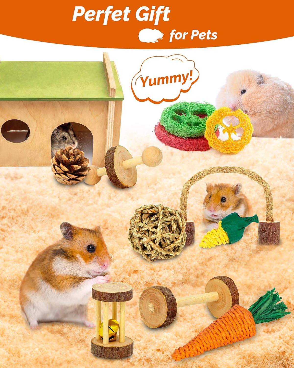 Hamster & Guinea Pig Toys - 18 Pcs Wooden Small Animal Chew Toys for Teeth - Rabbit, Chinchilla, Gerbils, Rats Exercise Accessories