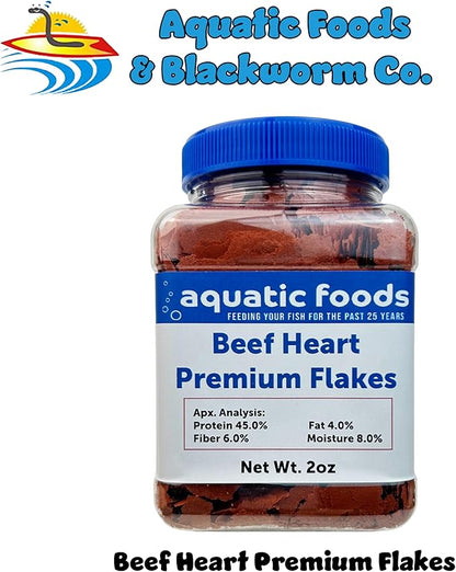 Aquatic Foods Inc. Premium Beef Heart Flakes for Discus, Cichlids, Carnivore Tropical Fish Also Pellet Mix, Wafer Mix Included…2oz Jar