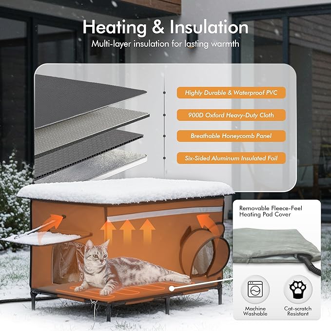 Heated Outdoor cat House for Outside, Weatherproof Insulated Feral Cat Shelter with Timer-Temp Control Heating Pad in Winter, Large Elevated Outdoor Cat House with Zipper, 2 Doors, Safety- Brown