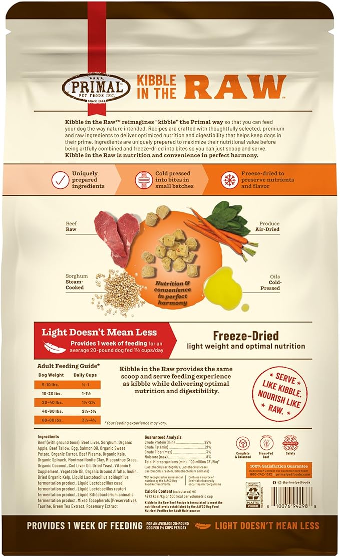 Primal Kibble in The Raw, Freeze Dried Dog Food, Beef, Scoop & Serve, Made with Raw Protein, Whole Ingredient Nutrition, Crafted in The USA, Dry Dog Food 1.5 lb Bag