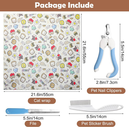 21.6 Inches Cat Wrap for Cutting Nails, Self-Adhesive Restraint Cloth for Cats Multifunctional Cat Grooming Wrap with Pet Nail Clipper, File and Pet Hairbrush