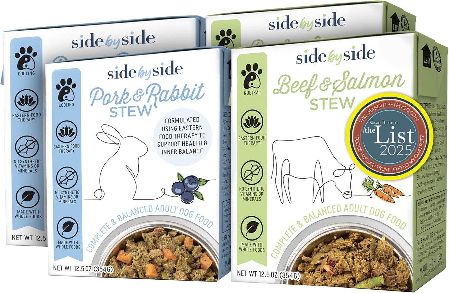 Side by Side Pork & Rabbit | Beef & Salmon Stew - Wet Dog Food & Dog Food Topper for All Breeds - Made with Nutrients & Whole Raw Ingredients - No Artificial Additives or Fillers (12.5 oz, 4-Pack)