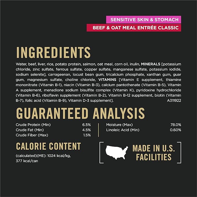 Purina Pro Plan Sensitive Skin and Stomach Dog Food Wet Classic Pate Beef and Oat Meal Entrée - (Pack of 12) 13 oz. Cans