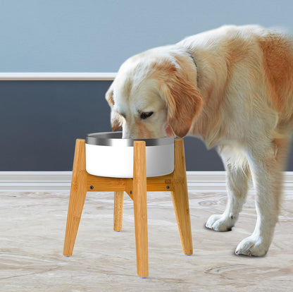 Dog Bowl Stand (14-inch High) - Ideal for Large Breeds, Use to Elevate, Raise Pet Dishes, Water Fountains and Slow Feeders - Adjustable Sideways, Bamboo - (Bowls not Included)