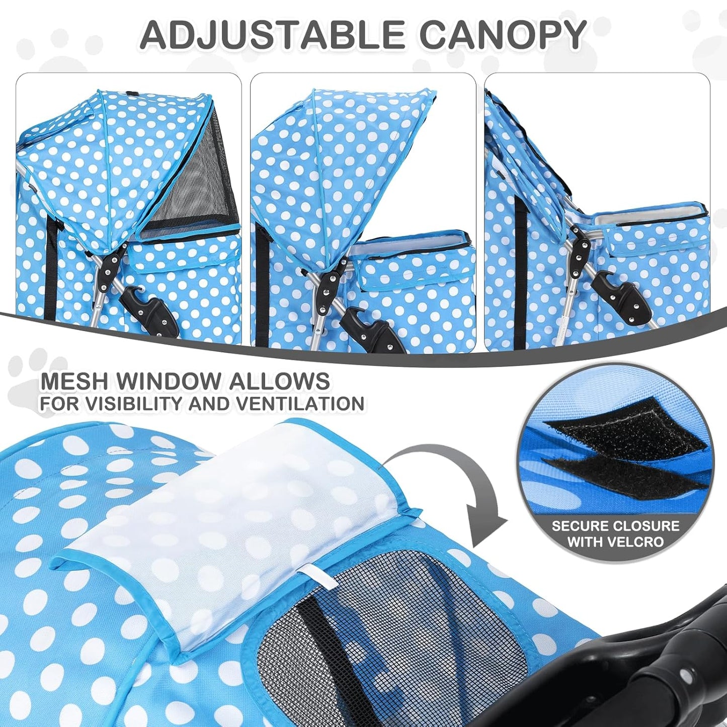 MoNiBloom 3 Wheels Pet Dog Cat Stroller for Small Medium Dogs Cats, Foldable Jogger Stroller w/Storage Basket and Cup Holder, Sky Blue Polka Dots
