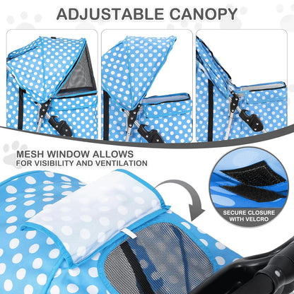 MoNiBloom 3 Wheels Pet Dog Cat Stroller for Small Medium Dogs Cats, Foldable Jogger Stroller w/Storage Basket and Cup Holder, Sky Blue Polka Dots